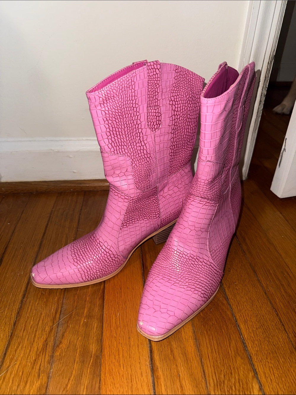 Pink Croc-Embossed Mid-Calf Women's Boots
